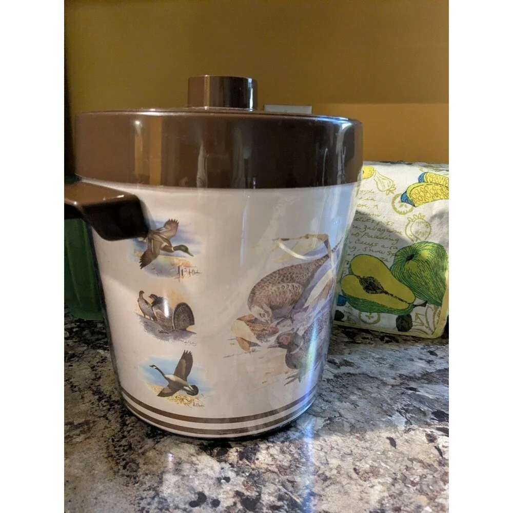 Thermo Serve Vintage Pheasants Ducks Geese Birds Ice Bucket Retro 70s Brown